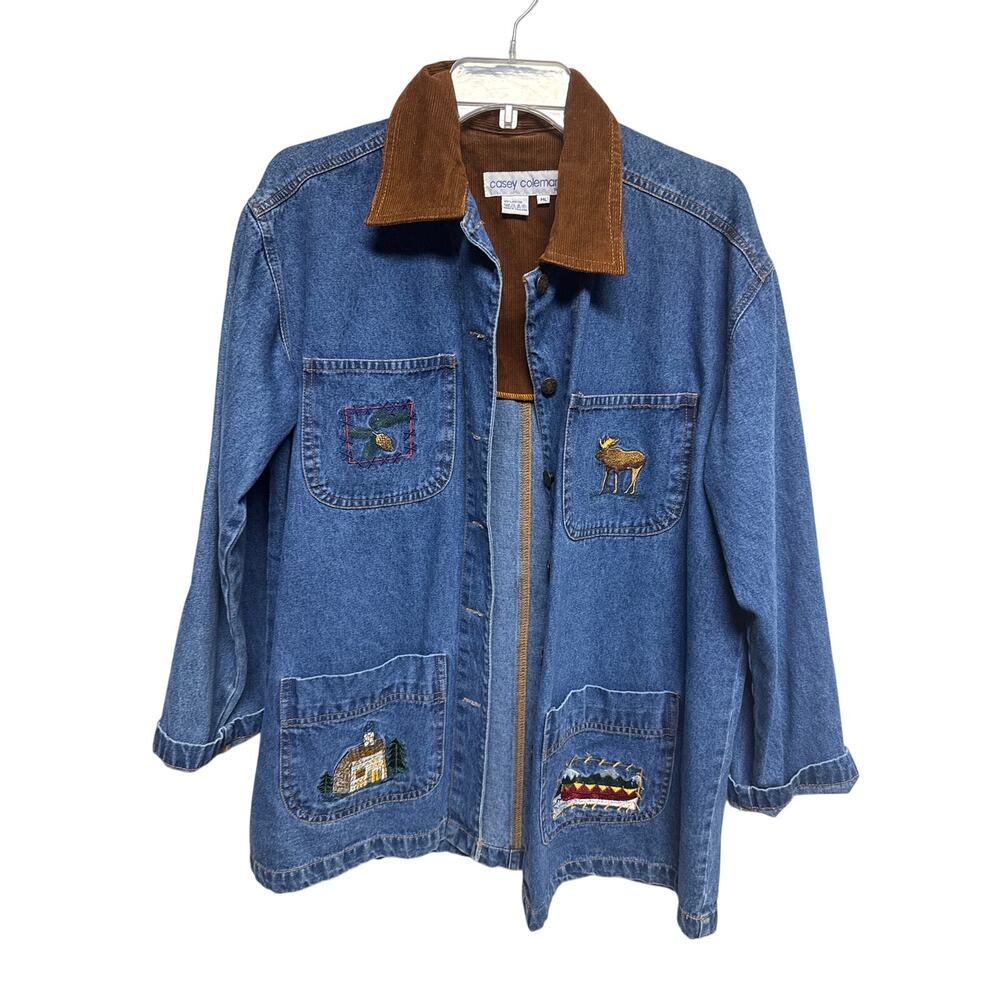 Vintage Casey Coleman Large 90s Denim Collared Jacket Outdoors Northwoods Canoe